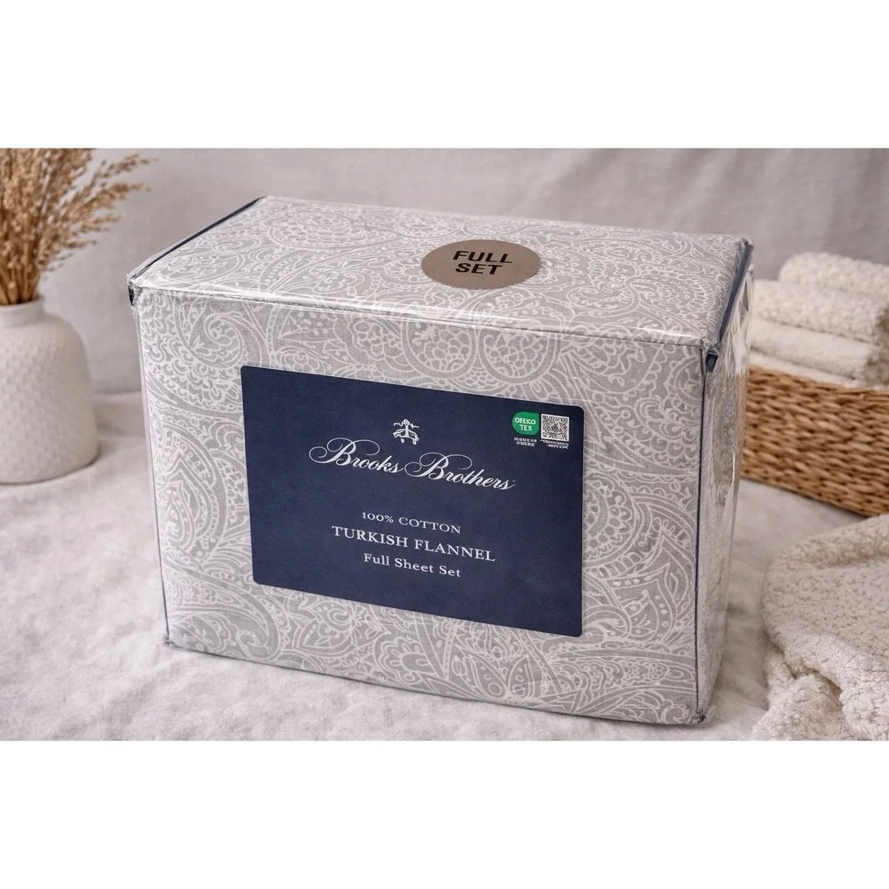 New Brooks Brothers Luxury Turkish Cotton Flannel Sheet Set Gray White Size Full